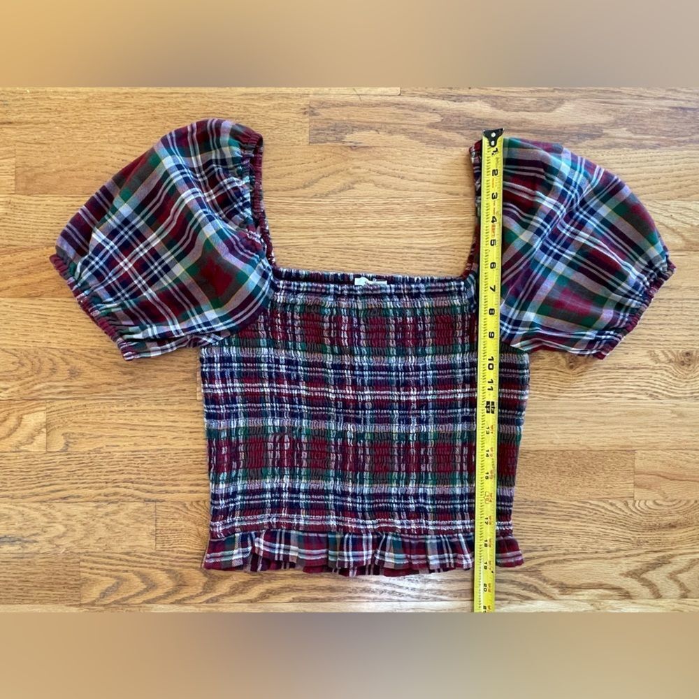 American Eagle Red Plaid Puff Sleeve Top Women Size Medium - Picture 3 of 6